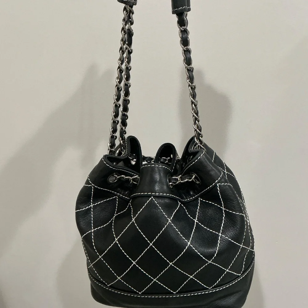 CHANEL Black  Quilted Leather Wild Stitch Bucket  Bag with Silver hardware